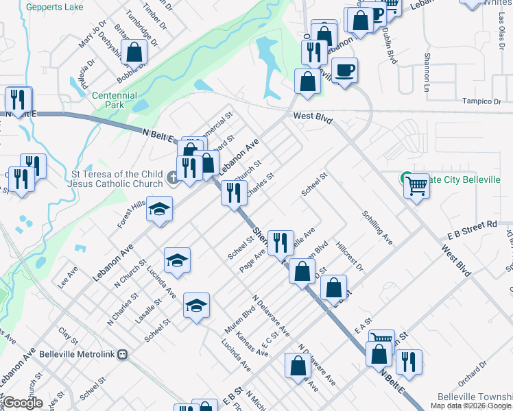 map of restaurants, bars, coffee shops, grocery stores, and more near 1716 Lasalle Street in Belleville