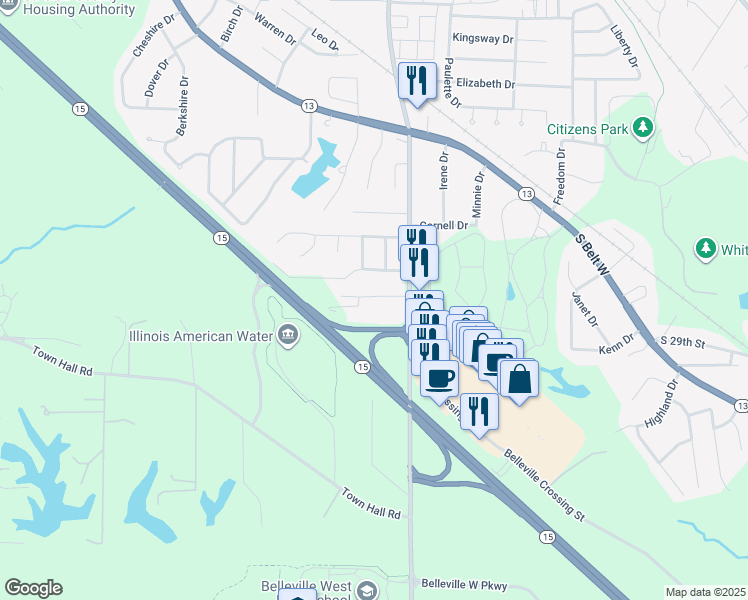 map of restaurants, bars, coffee shops, grocery stores, and more near 5920 Gateway Industrial Drive in Belleville