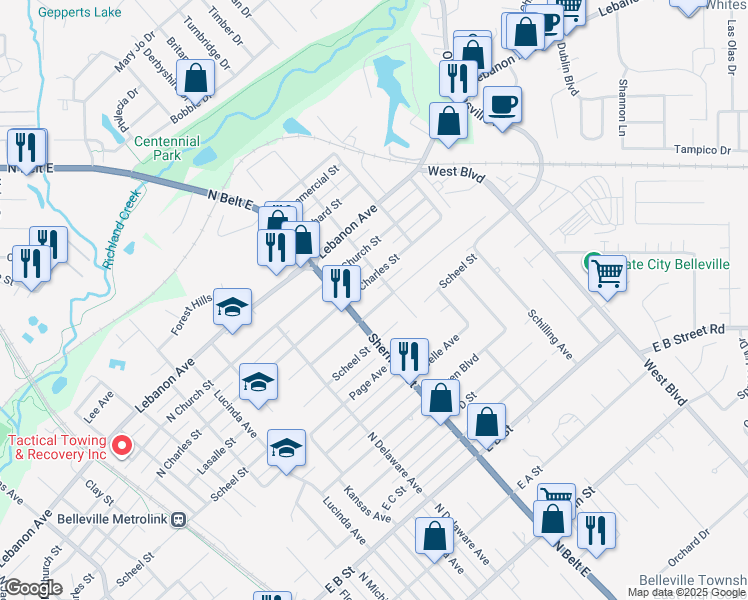 map of restaurants, bars, coffee shops, grocery stores, and more near 1716 Lasalle Street in Belleville