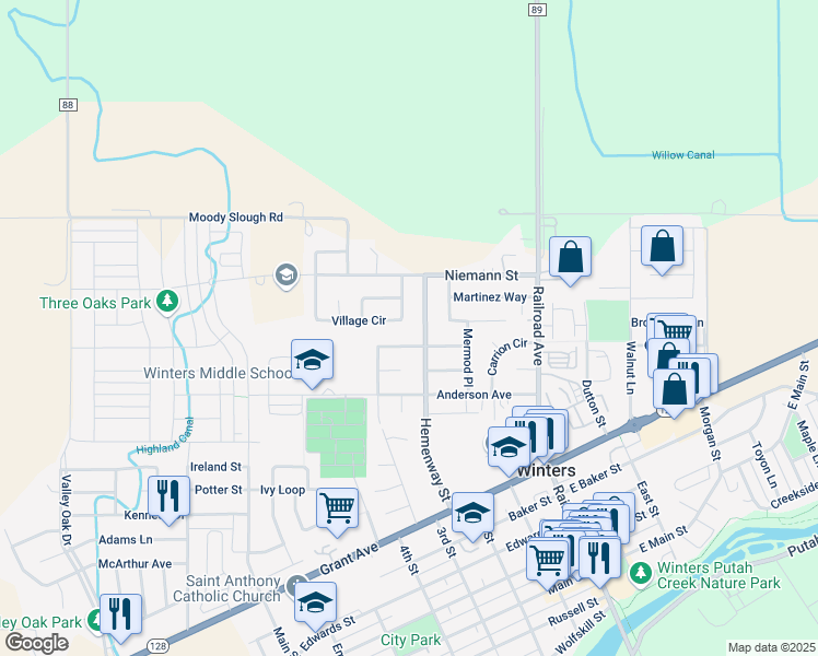 map of restaurants, bars, coffee shops, grocery stores, and more near 213 Rosa Avenue in Winters