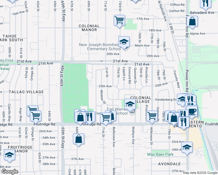 map of restaurants, bars, coffee shops, grocery stores, and more near 5210 Emerson Road in Sacramento