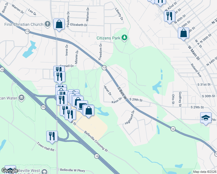 map of restaurants, bars, coffee shops, grocery stores, and more near 33 Janet Drive in Belleville