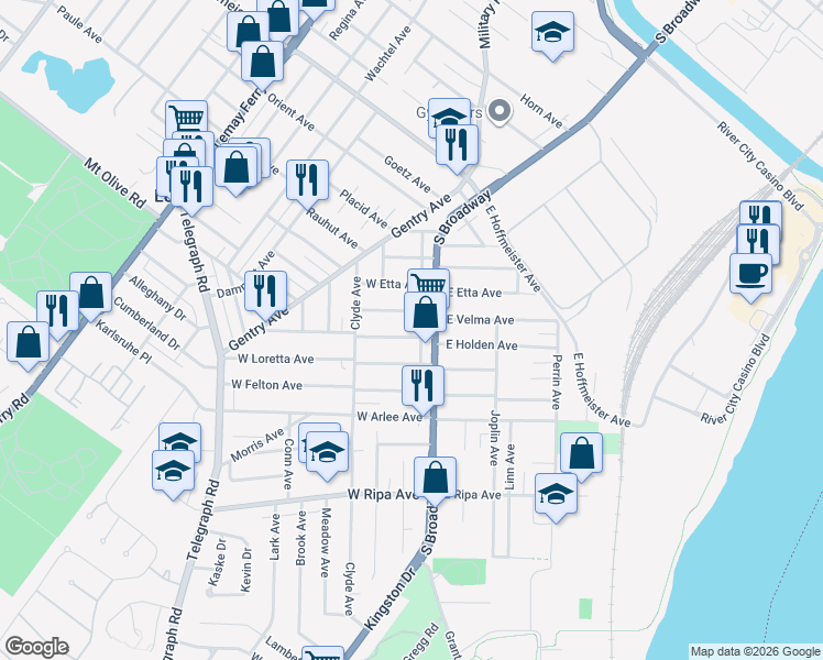 map of restaurants, bars, coffee shops, grocery stores, and more near in Lemay