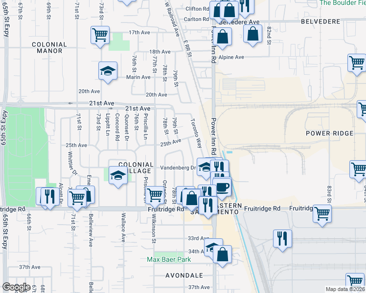map of restaurants, bars, coffee shops, grocery stores, and more near 5080 80th Street in Sacramento