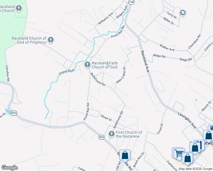 map of restaurants, bars, coffee shops, grocery stores, and more near Bellefonte Rd in Raceland