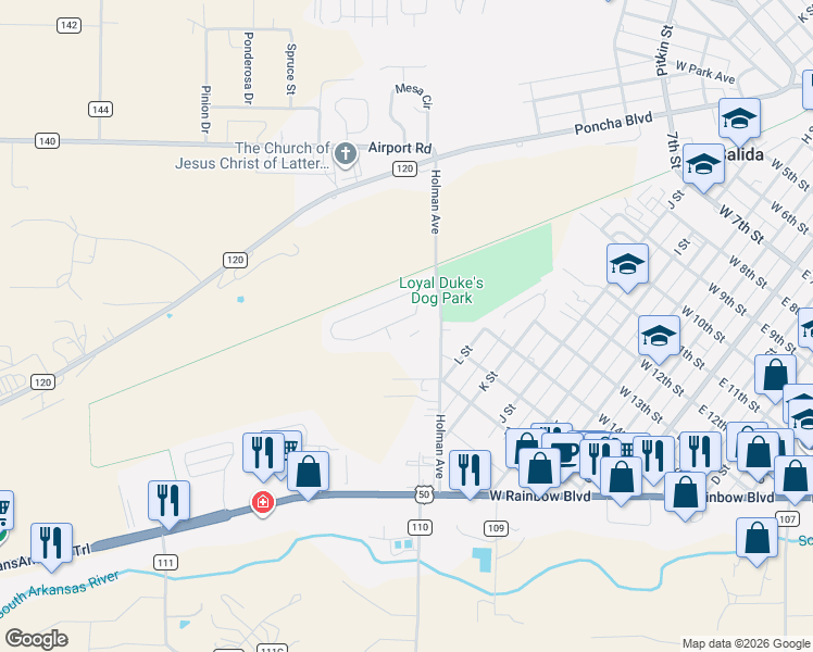 map of restaurants, bars, coffee shops, grocery stores, and more near 30 Trailside Circle in Salida