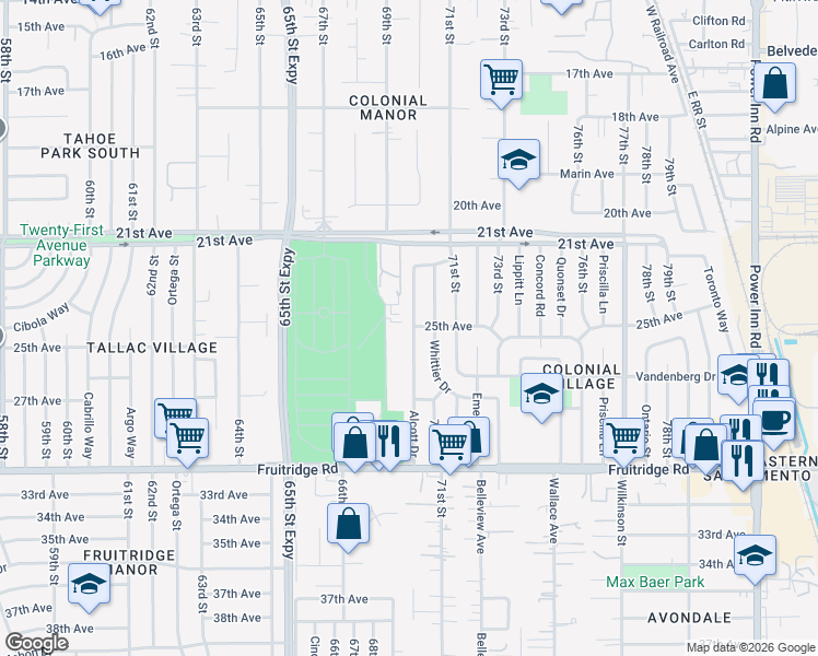 map of restaurants, bars, coffee shops, grocery stores, and more near 5110 Alcott Drive in Sacramento
