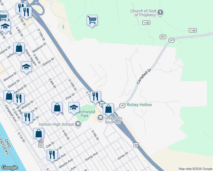 map of restaurants, bars, coffee shops, grocery stores, and more near in Ironton