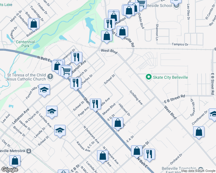 map of restaurants, bars, coffee shops, grocery stores, and more near 2122 East Belle Avenue in Belleville