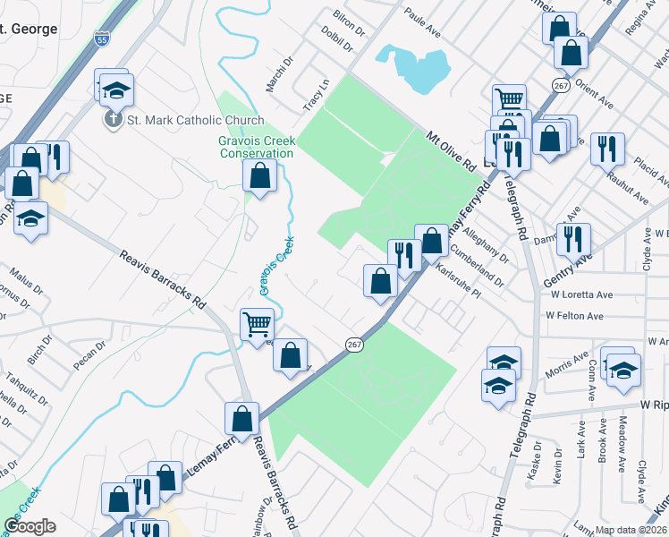 map of restaurants, bars, coffee shops, grocery stores, and more near 174 Lemay Gardens Drive in St. Louis