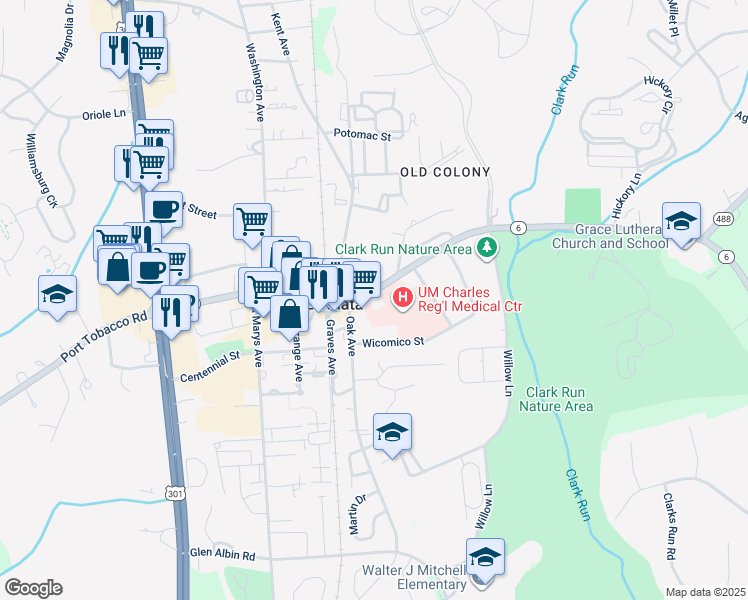 map of restaurants, bars, coffee shops, grocery stores, and more near 605 Charles Street in La Plata