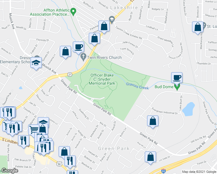 map of restaurants, bars, coffee shops, grocery stores, and more near 9801 Green Park Road in St. Louis