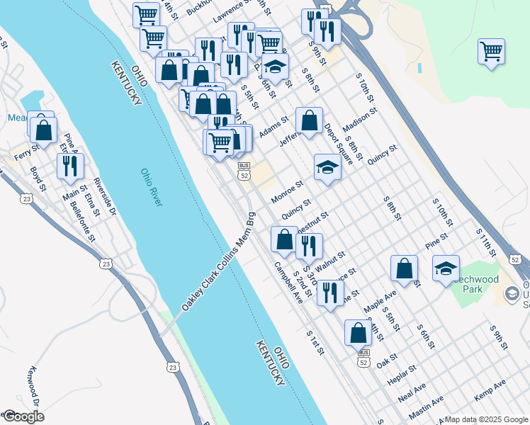 map of restaurants, bars, coffee shops, grocery stores, and more near 824 South 2nd Street in Ironton