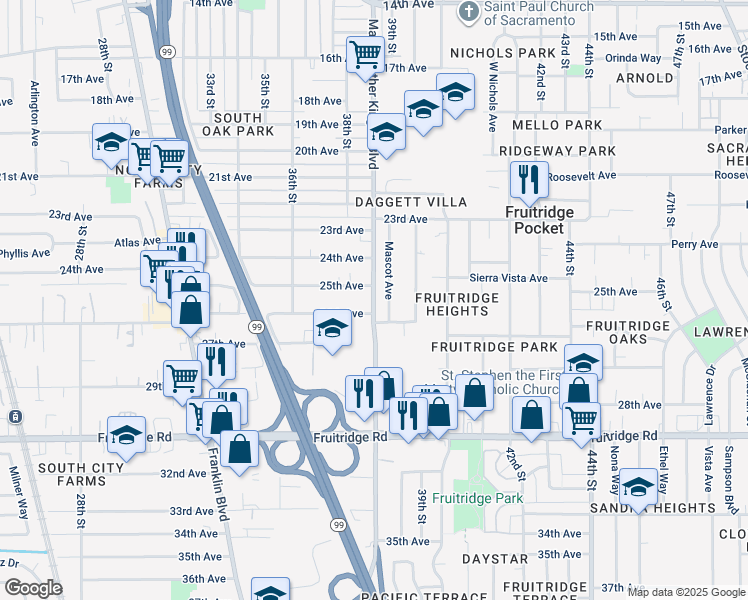 map of restaurants, bars, coffee shops, grocery stores, and more near 3891 26th Avenue in Sacramento