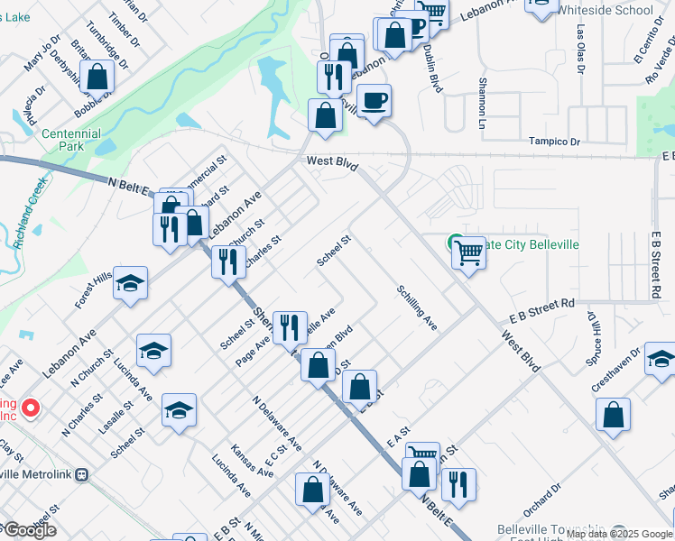 map of restaurants, bars, coffee shops, grocery stores, and more near 2122 East Belle Avenue in Belleville