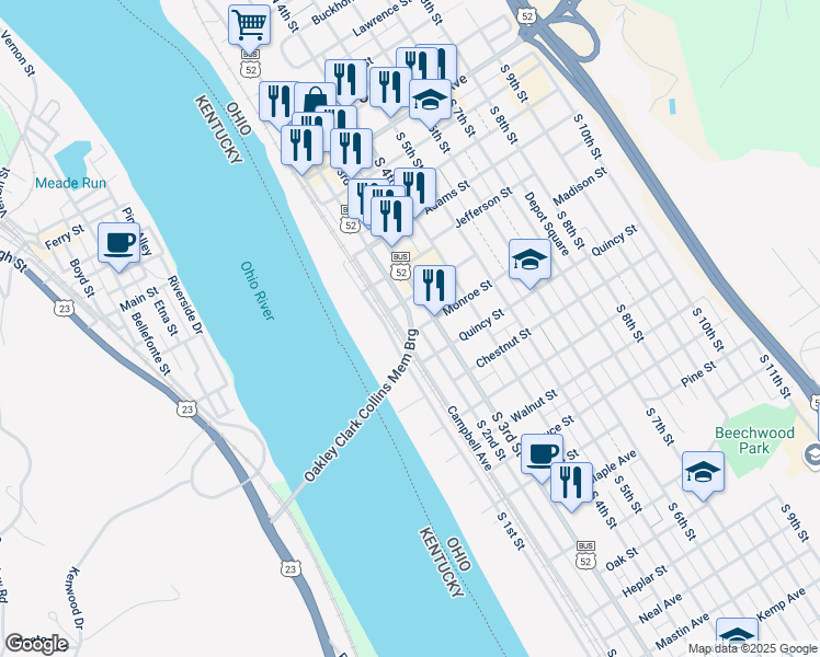 map of restaurants, bars, coffee shops, grocery stores, and more near 824 South 2nd Street in Ironton