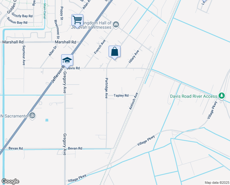 map of restaurants, bars, coffee shops, grocery stores, and more near 3805 Partridge Avenue in West Sacramento