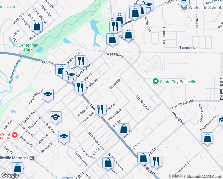 map of restaurants, bars, coffee shops, grocery stores, and more near 2122 East Belle Avenue in Belleville