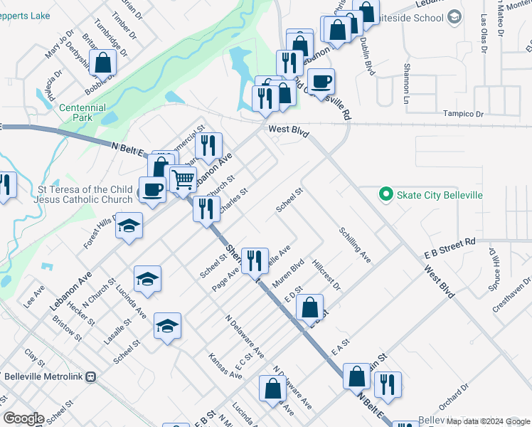 map of restaurants, bars, coffee shops, grocery stores, and more near 804 Dewey Street in Belleville