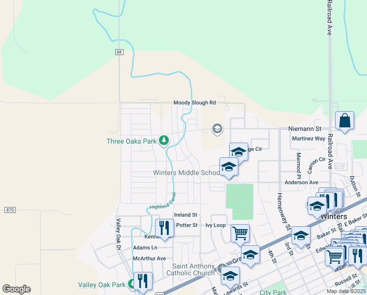 map of restaurants, bars, coffee shops, grocery stores, and more near 1101 Taylor Street in Winters