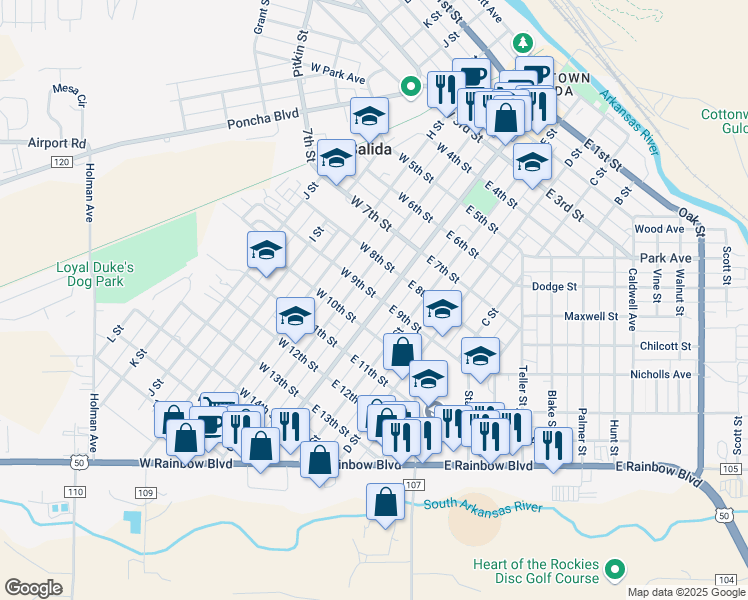 map of restaurants, bars, coffee shops, grocery stores, and more near 938 F Street in Salida