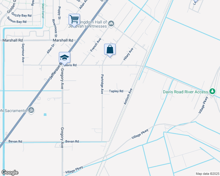 map of restaurants, bars, coffee shops, grocery stores, and more near 3805 Partridge Avenue in West Sacramento