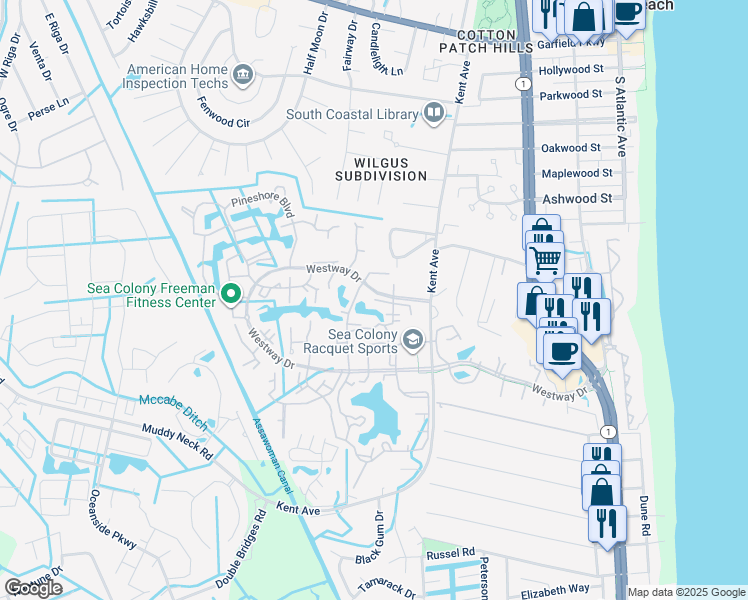 map of restaurants, bars, coffee shops, grocery stores, and more near 15007 Tall Pines Court in Bethany Beach