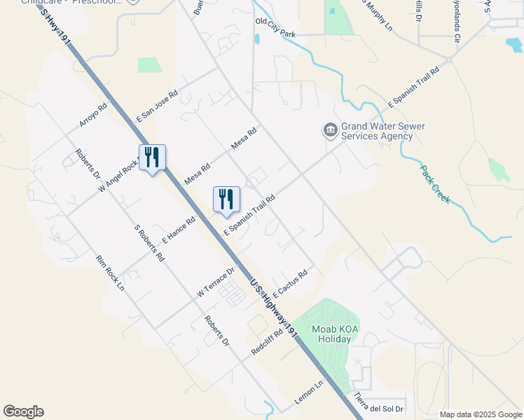 map of restaurants, bars, coffee shops, grocery stores, and more near 2446 Spanish Trail Rd in Moab