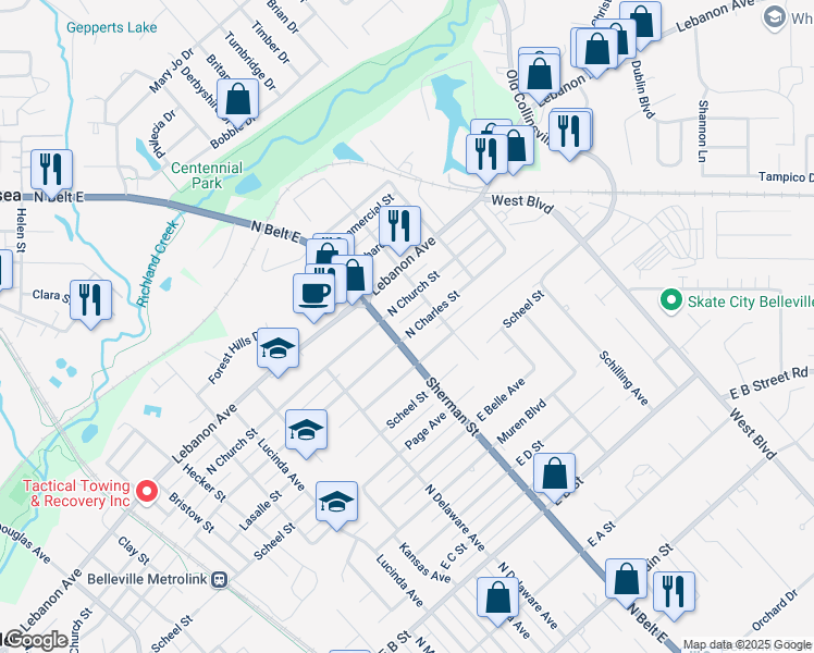 map of restaurants, bars, coffee shops, grocery stores, and more near 1700 North Charles Street in Belleville