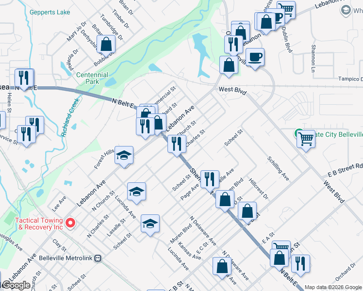 map of restaurants, bars, coffee shops, grocery stores, and more near 1700 North Charles Street in Belleville