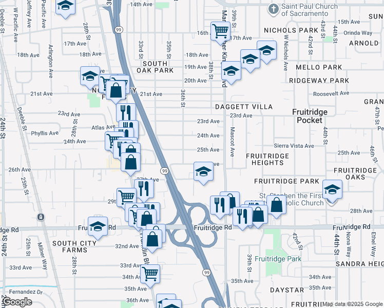 map of restaurants, bars, coffee shops, grocery stores, and more near 3680 26th Avenue in Sacramento