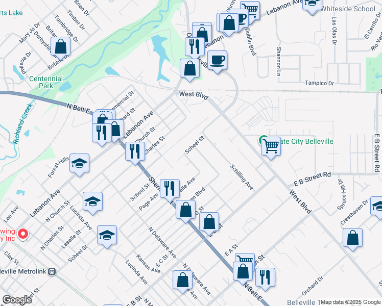map of restaurants, bars, coffee shops, grocery stores, and more near 2126 Scheel Street in Belleville