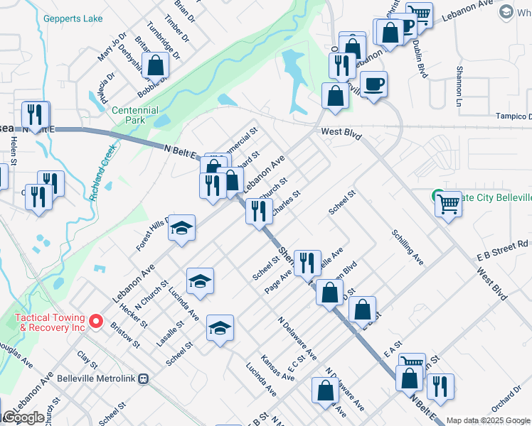 map of restaurants, bars, coffee shops, grocery stores, and more near 1700 North Charles Street in Belleville