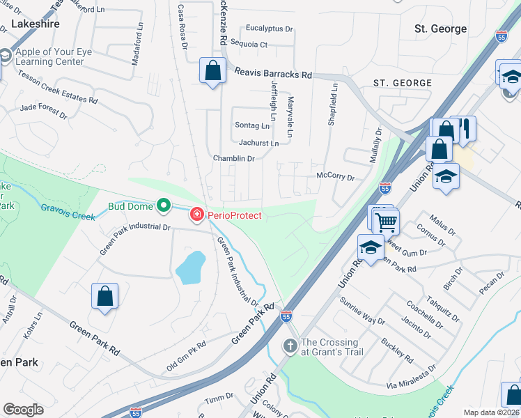 map of restaurants, bars, coffee shops, grocery stores, and more near 10305 Jeffleigh Lane in Affton