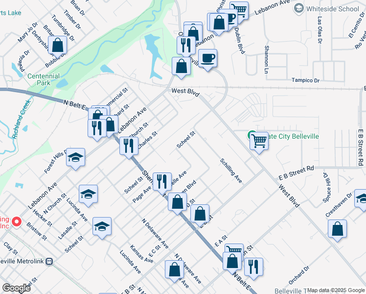map of restaurants, bars, coffee shops, grocery stores, and more near 2122 East Belle Avenue in Belleville