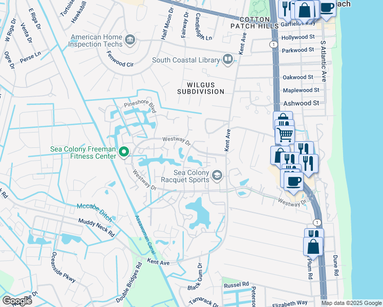map of restaurants, bars, coffee shops, grocery stores, and more near 15007 Tall Pines Court in Bethany Beach