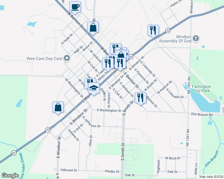 map of restaurants, bars, coffee shops, grocery stores, and more near 203 East Colt Street in Windsor