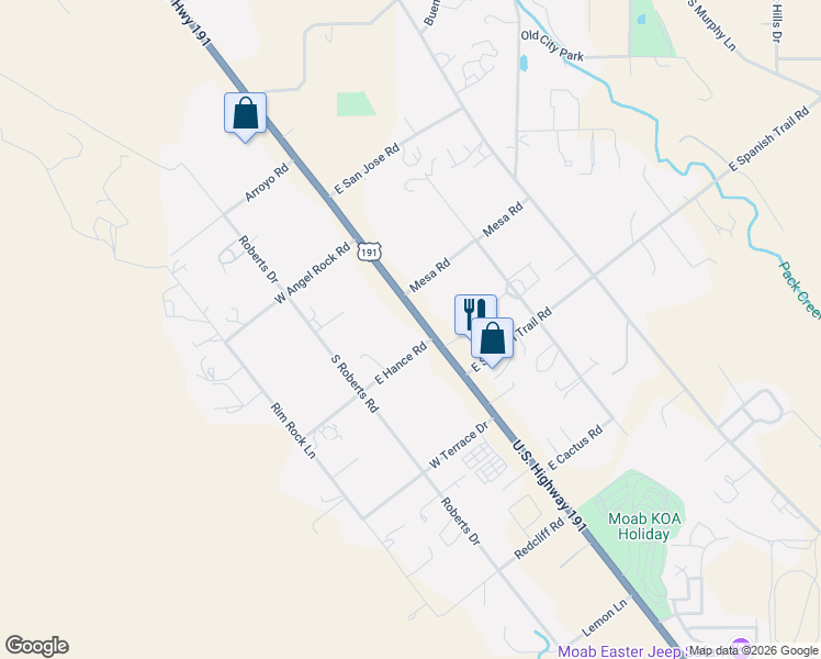 map of restaurants, bars, coffee shops, grocery stores, and more near 2187 East Hance Road in Moab