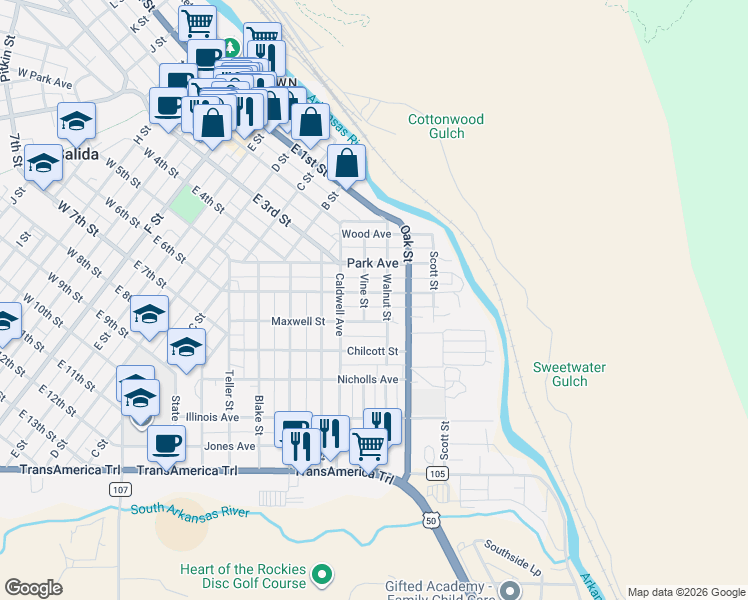 map of restaurants, bars, coffee shops, grocery stores, and more near 201 Walnut Street in Salida