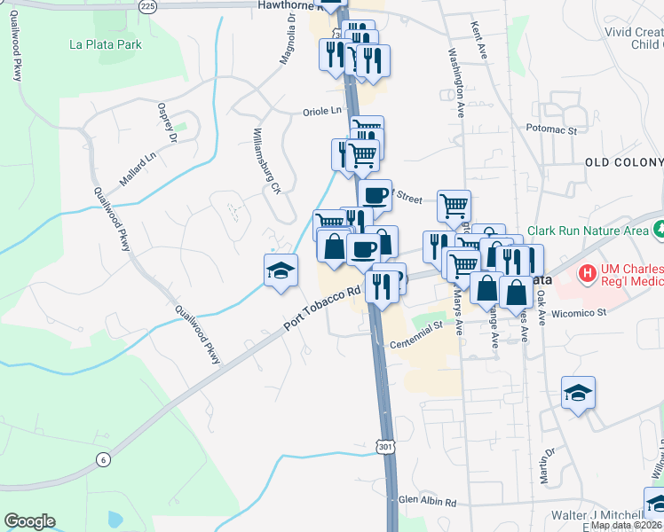 map of restaurants, bars, coffee shops, grocery stores, and more near 6615 Crain Highway in La Plata