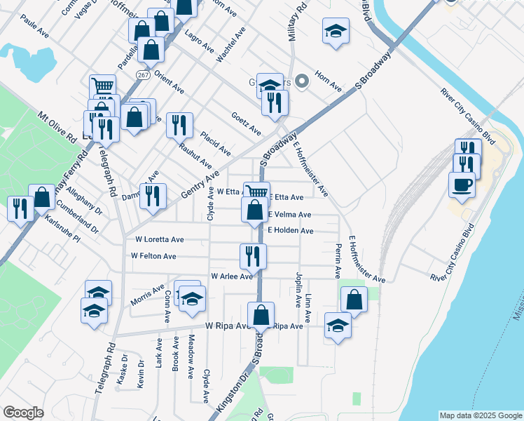 map of restaurants, bars, coffee shops, grocery stores, and more near 9521 South Broadway in Saint Louis
