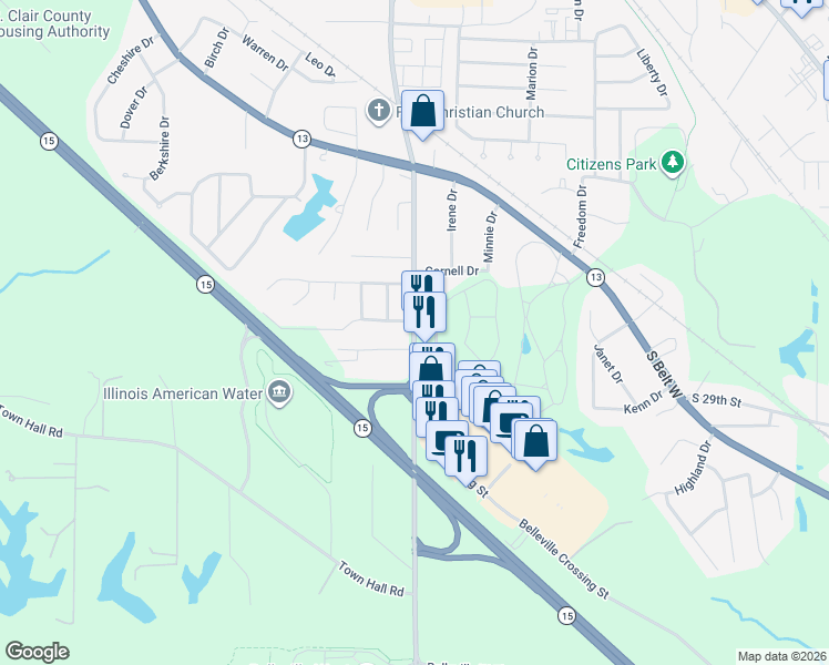 map of restaurants, bars, coffee shops, grocery stores, and more near 3412 Frank Scott Parkway West in Belleville