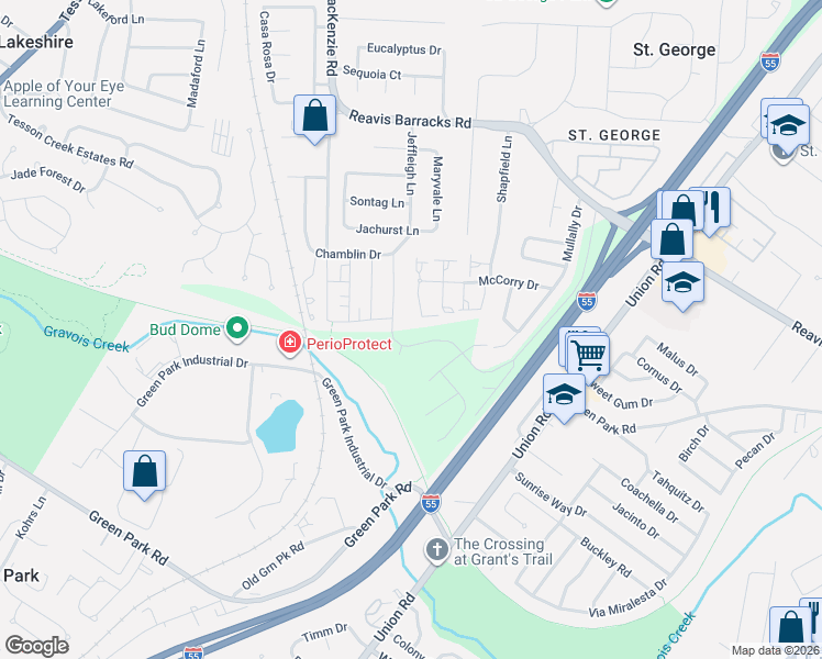 map of restaurants, bars, coffee shops, grocery stores, and more near 10256 Jeffleigh Lane in Affton