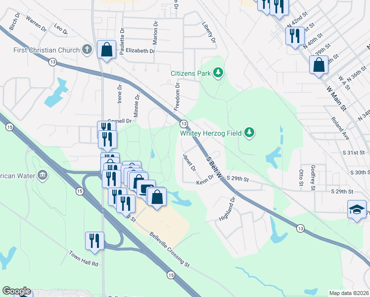 map of restaurants, bars, coffee shops, grocery stores, and more near 3004 Old Saint Louis Road in Belleville