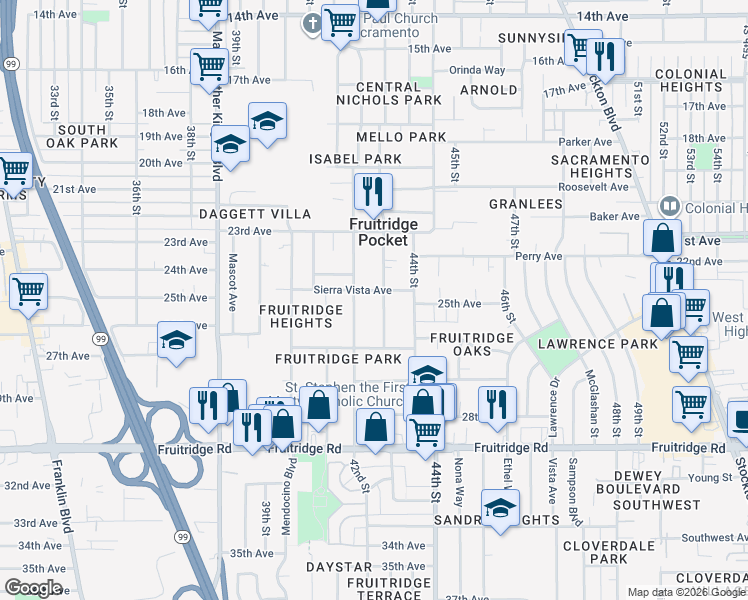 map of restaurants, bars, coffee shops, grocery stores, and more near 4161 Sierra Vista Avenue in Sacramento