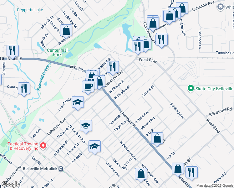 map of restaurants, bars, coffee shops, grocery stores, and more near 1730 North Church Street in Belleville