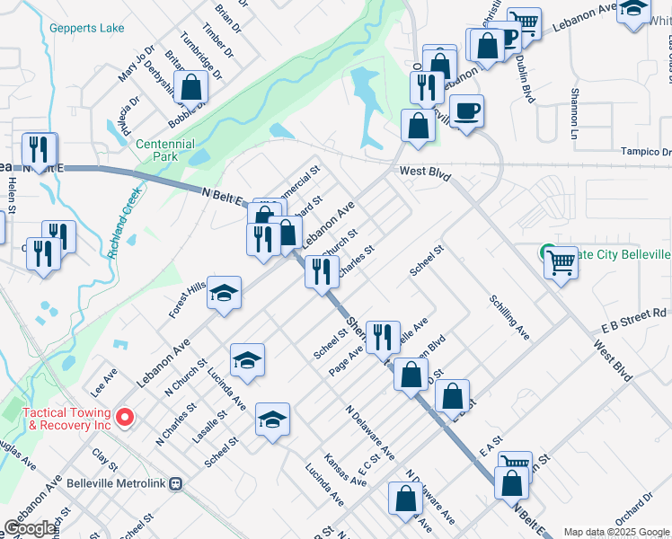 map of restaurants, bars, coffee shops, grocery stores, and more near 1730 North Church Street in Belleville