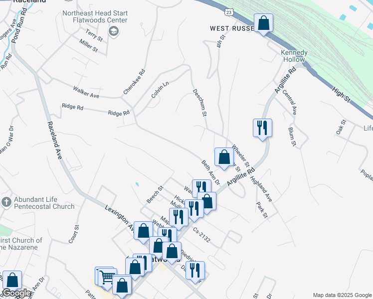 map of restaurants, bars, coffee shops, grocery stores, and more near 1411 Beth Ann Drive in Flatwoods