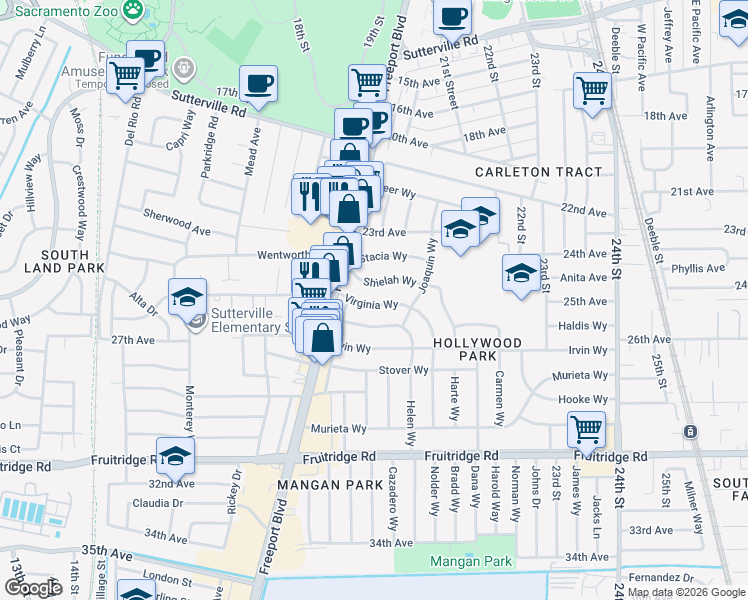 map of restaurants, bars, coffee shops, grocery stores, and more near 2124 Shielah Way in Sacramento
