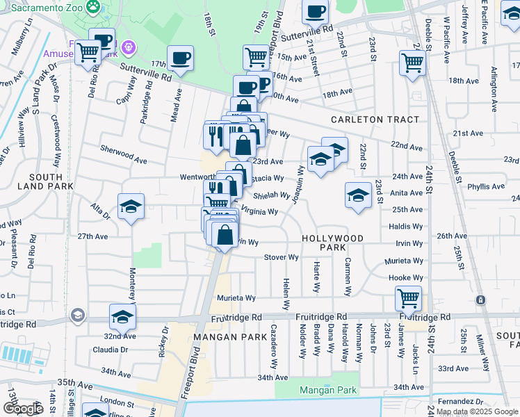map of restaurants, bars, coffee shops, grocery stores, and more near 2124 Shielah Way in Sacramento